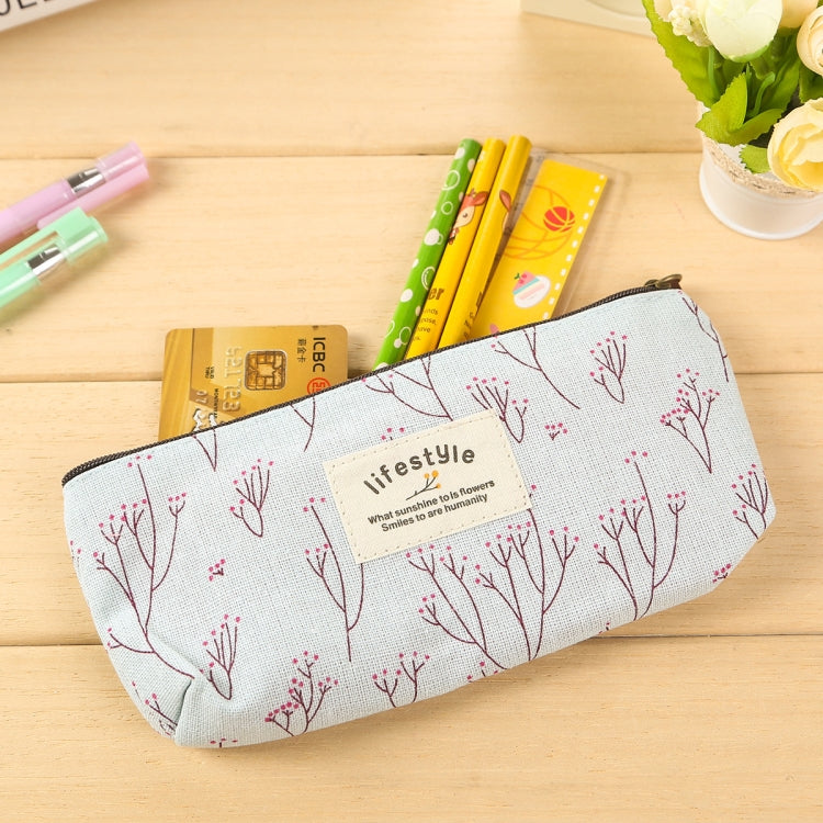 Cute Floral Canvas Zipper Pencil Cases Flower Tree Pen Bags(Light blue)