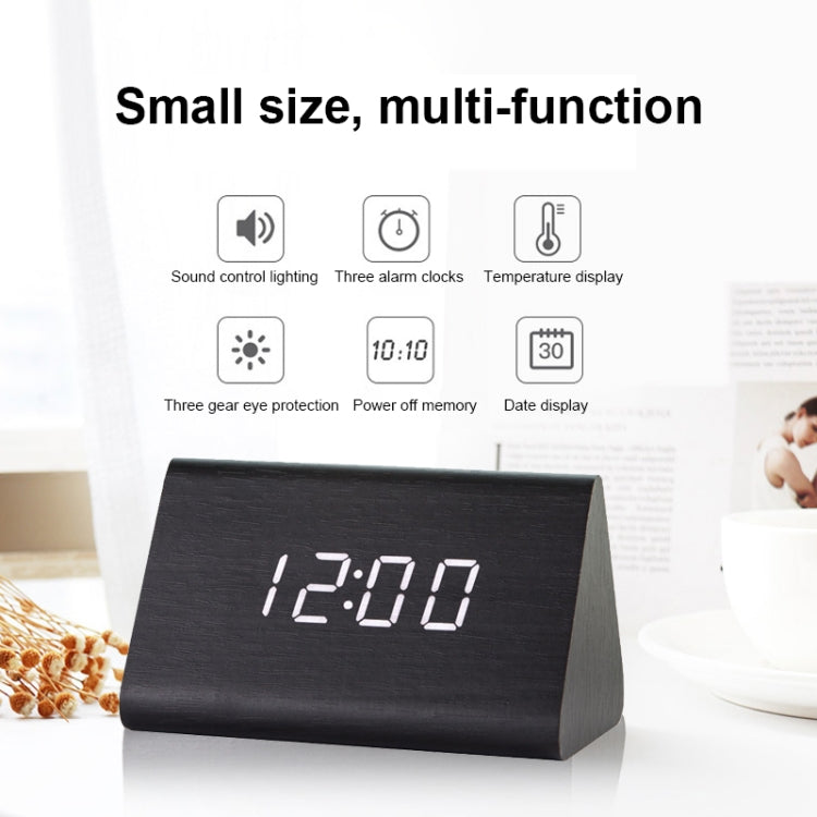 Mute Luminous Electronic Clock Wooden Sound Control Small Triangle Alarm Clock Brown Wood Red Light