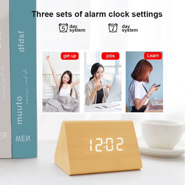 Mute Luminous Electronic Clock Wooden Sound Control Small Triangle Alarm Clock Brown Wood Red Light