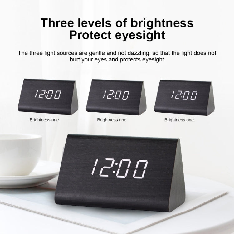 Mute Luminous Electronic Clock Wooden Sound Control Small Triangle Alarm Clock Brown Wood Red Light
