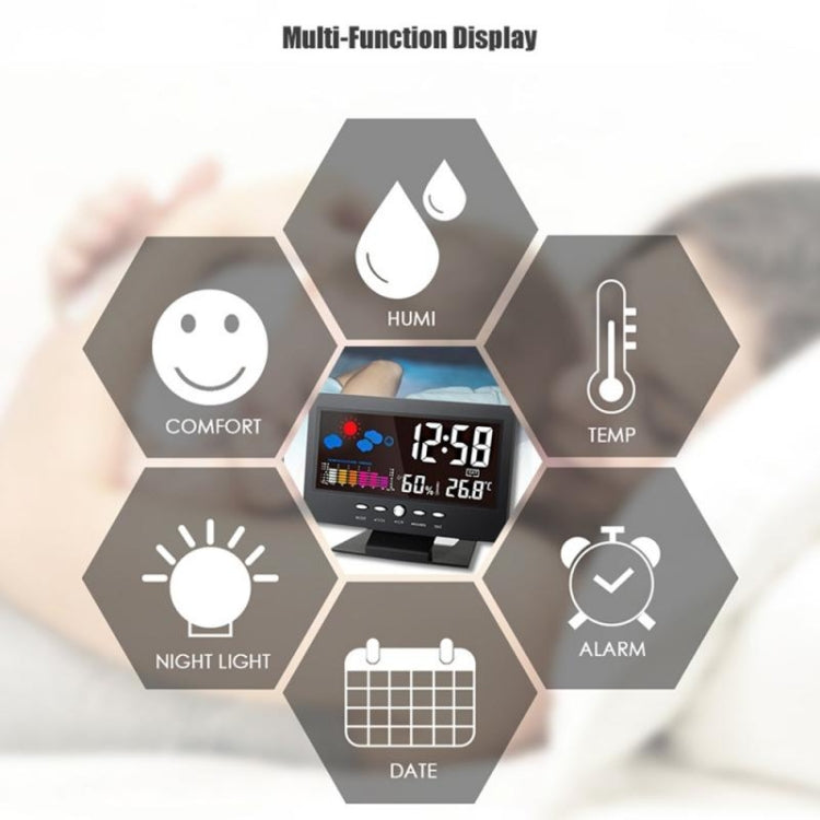 8082T Weather Forecast Clock LED Color Screen Perpetual Calendar Temperature And Humidity Intelligent Voice Control Electronic Alarm Cloc,Specification: Black