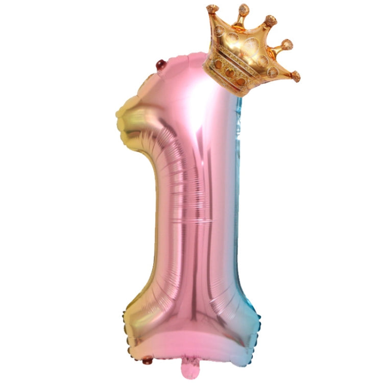 32-Inch Gradient Color Crown Digital Balloon Children Birthday Decoration Film Balloon(Number 1)