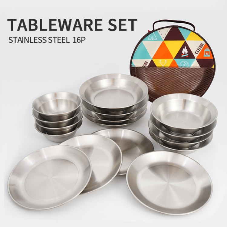 16 PCS / Set CLS Outdoor Stainless Steel Tableware Portable Camping Dinner Bowl Plate Kit
