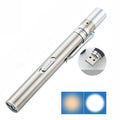 Flashlight Pupil Pen Light Yellow White Dual Light Source Dental Light LED Stainless Steel Morning Inspection Light(Silver)