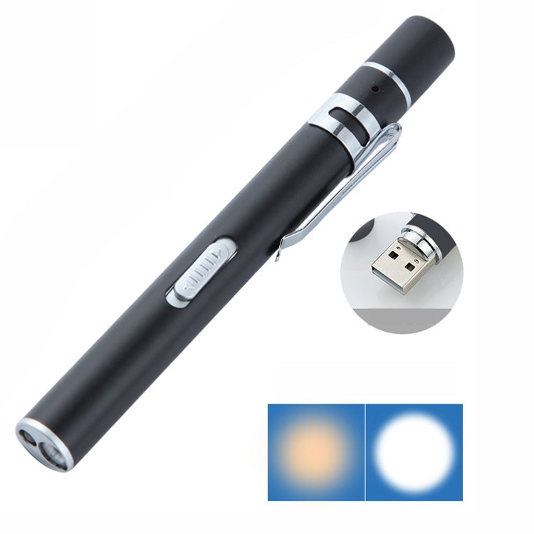 Flashlight Pupil Pen Light Yellow White Dual Light Source Dental Light LED Stainless Steel Morning Inspection Light(Black)