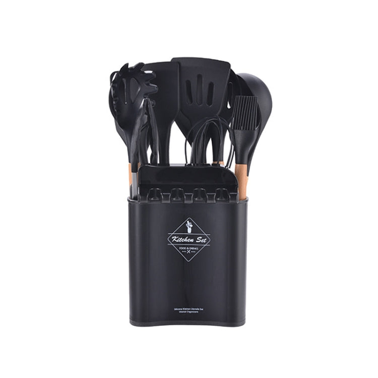 KU349 13 In 1 Storage Barreled Wooden Handle Silicone Kitchenware Set Non-Stick Cooking Spoon Shovel Kitchen Rack(Black)