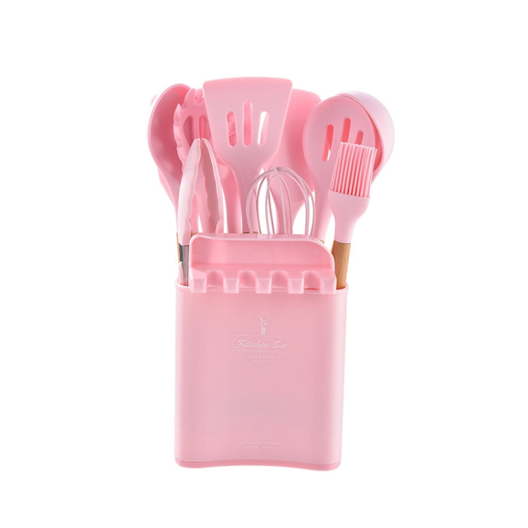 KU349 13 In 1 Storage Barreled Wooden Handle Silicone Kitchenware Set Non-Stick Cooking Spoon Shovel Kitchen Rack(Pink)