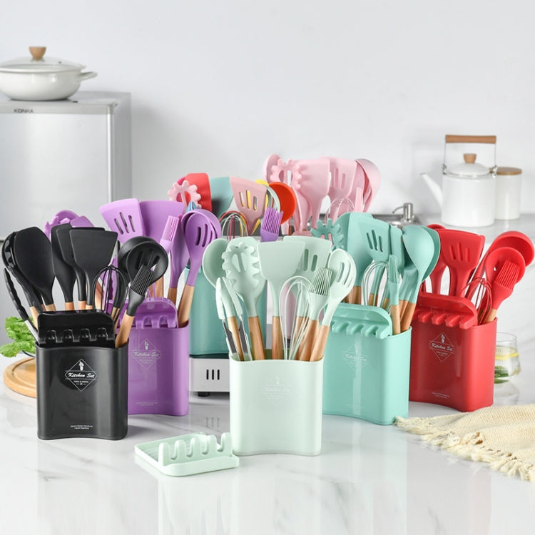 KU349 13 In 1 Storage Barreled Wooden Handle Silicone Kitchenware Set Non-Stick Cooking Spoon Shovel Kitchen Rack(Purple)