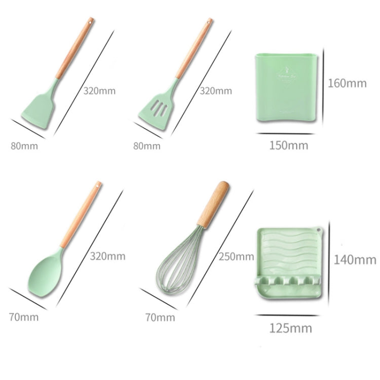 KU349 13 In 1 Storage Barreled Wooden Handle Silicone Kitchenware Set Non-Stick Cooking Spoon Shovel Kitchen Rack(Light Green)