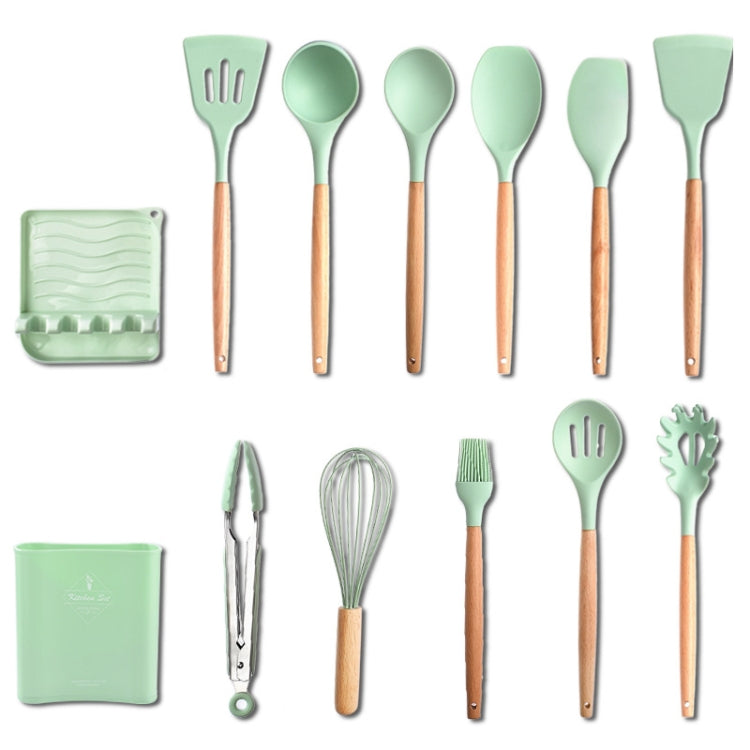 KU349 13 In 1 Storage Barreled Wooden Handle Silicone Kitchenware Set Non-Stick Cooking Spoon Shovel Kitchen Rack(Deep Green)