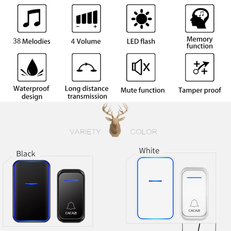 CACAZI Home Smart Digital Wireless Doorbell Remote Electronic Doorbell Elderly Pager, Style: US Plug(White)