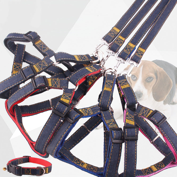 BG-Q1025 Leash+Chest Strap+Collar Thickened Strong Denim Pet Dog Leash Set, Size: M(Pink)