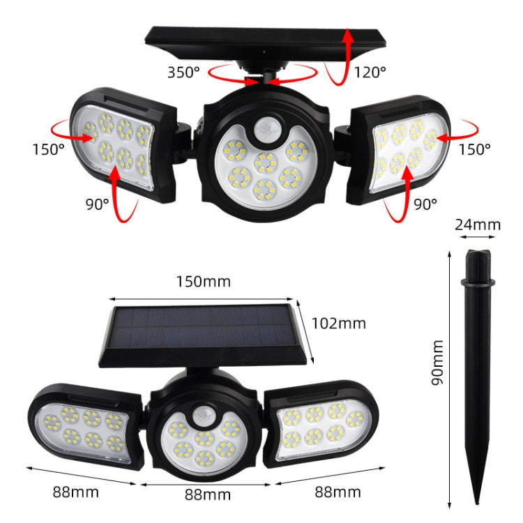 140 COB TG-TY080 3-Heads Rotatable Solar Wall Light Outdoor Waterproof Human Body Induction Garden Lawn Lamp