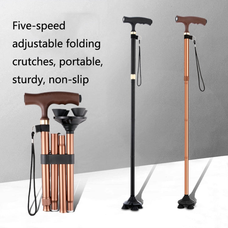 TBS-009 Four-Legged Folding Elderly Crutches Aluminum Alloy Light And Multifunctional Non-Slip Crutches With Light(Black)