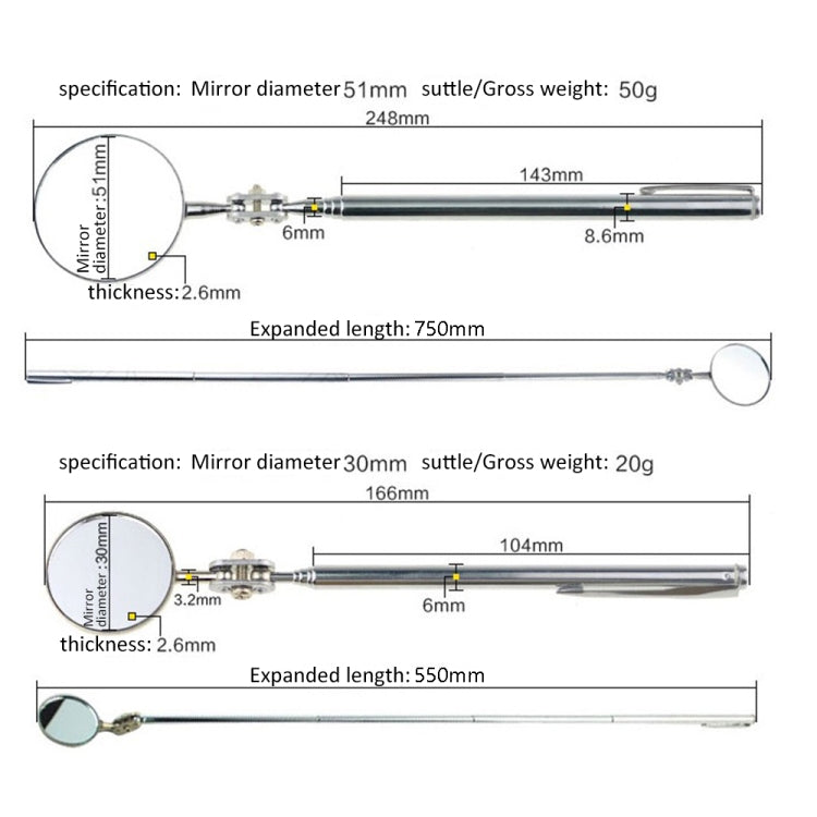 Car Repair Detection Mirror Universal Folding Telescopic Mirror Welding Chassis Inspection Mirror, Model: Purple Handle 50mm