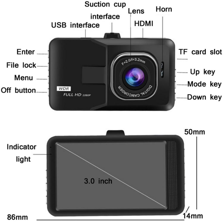 3.0 Inch HD 1080P Wide-Angle Driving Recorder With Reversing Image Specification： Normal Definition Single Record（Black）