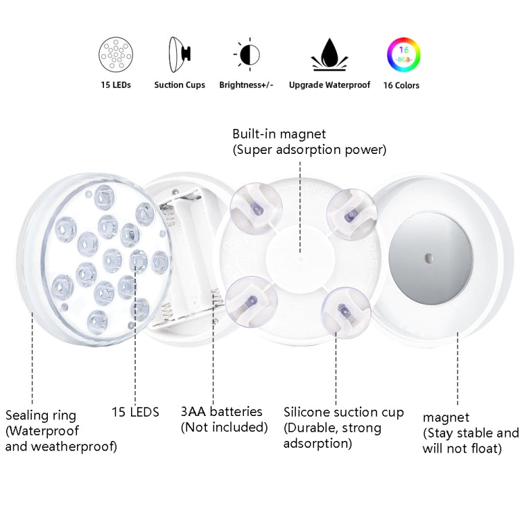 15 LEDs RF Remote Control Diving Light Magnetic Waterproof Pool Lamp, Spec: 1 PC + 1 RC(16 Colors)