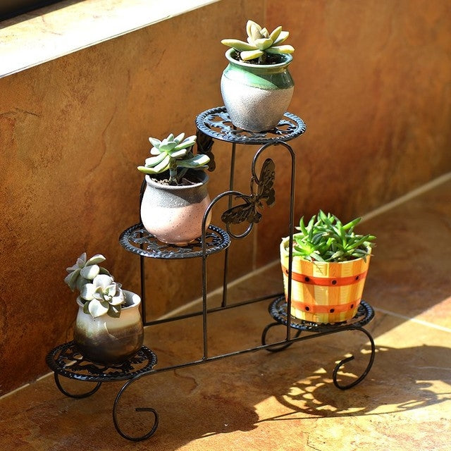 Mini Wrought Iron Multi-function Flower Pot Flower Stand for Office Desktop Sill Balcony(Black)
