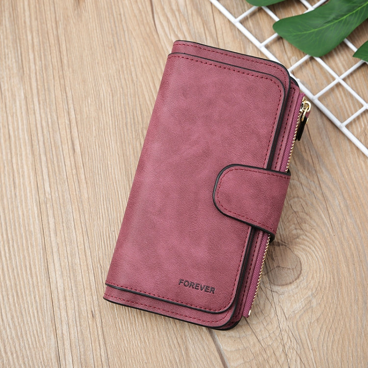 B821 Ladies Frosted Coin Purse PU Leather Clutch Multi-Purpose Long Wallet Large Capacity Card Case(Purple Red)