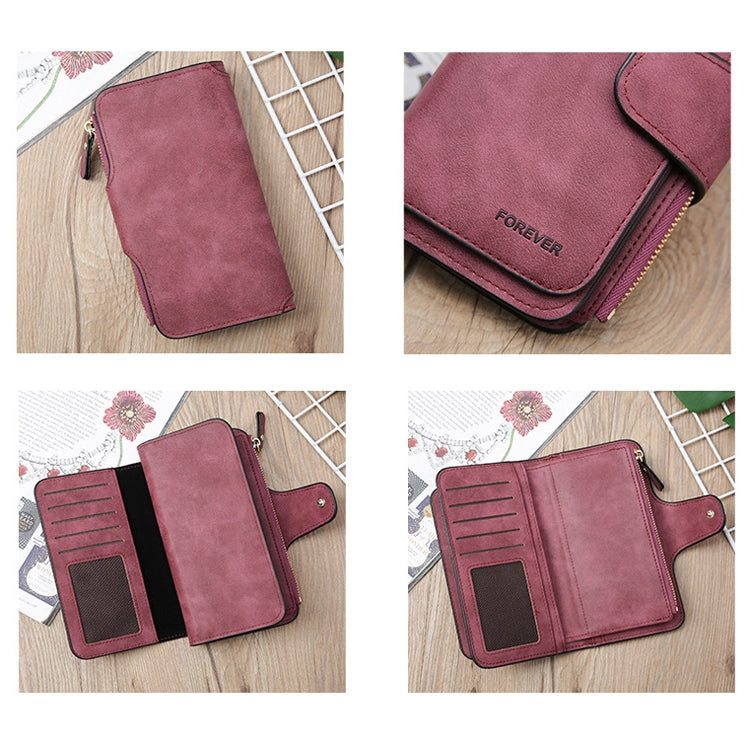 B821 Ladies Frosted Coin Purse PU Leather Clutch Multi-Purpose Long Wallet Large Capacity Card Case(Purple Red)