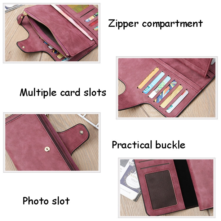 B821 Ladies Frosted Coin Purse PU Leather Clutch Multi-Purpose Long Wallet Large Capacity Card Case(Purple Red)