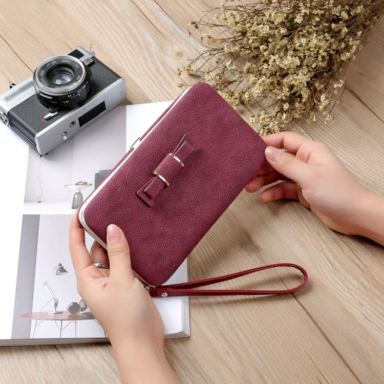 Multi-Purpose Long Type Bow Mobile Phone Bag Lady Wallet Card Bag(Deep Purple)