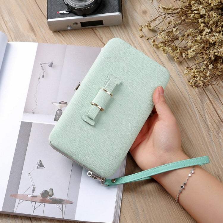 Multi-Purpose Long Type Bow Mobile Phone Bag Lady Wallet Card Bag(Matcha Green)