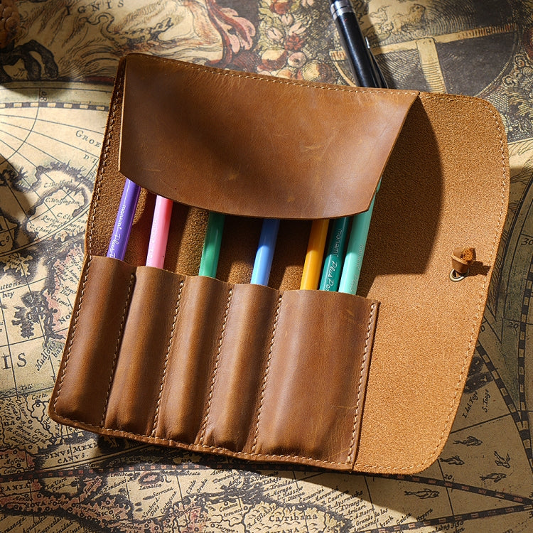 Retro First Layer Cowhide Pen Curtain Simple Literary Pencil Case Multifunctional Volume Pencil Case(Crazy Horse Skin Brown)