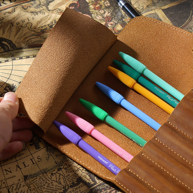 Retro First Layer Cowhide Pen Curtain Simple Literary Pencil Case Multifunctional Volume Pencil Case(Crazy Horse Skin Brown)