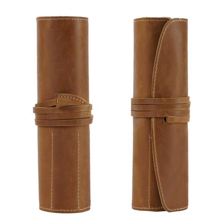 Retro First Layer Cowhide Pen Curtain Simple Literary Pencil Case Multifunctional Volume Pencil Case(Crazy Horse Skin Brown)