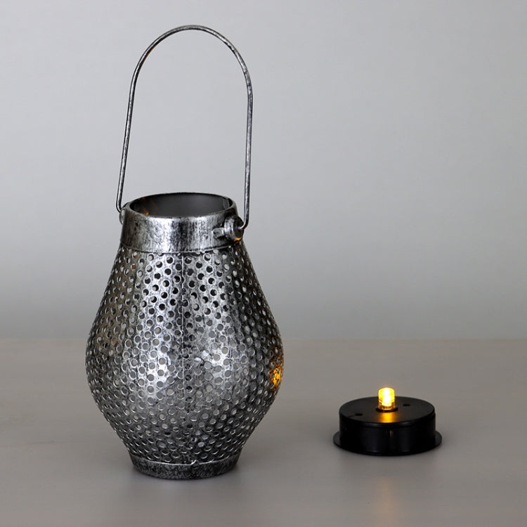 Outdoor Courtyard Wrought Iron LED Solar Portable Hollow Lantern(Silver)