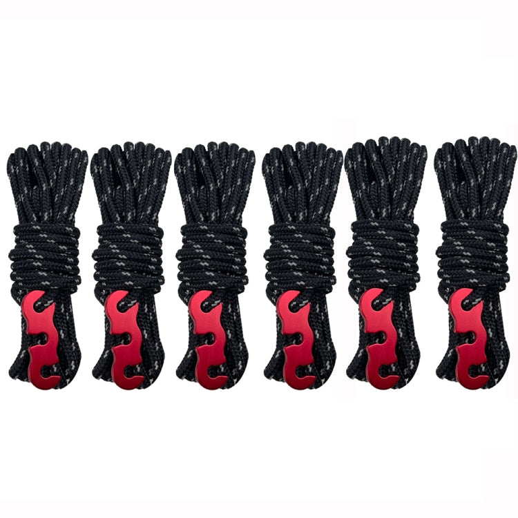4m x 6 Rolls Outdoor Camping Tent Canopy Wind Rope Luminous Multi-Function Wind Rope Buckle Tent Fixed Rope( S Buckle-Black)