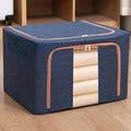 24L 40x30x20cm Fabric Steel Frame Quilt Clothing Storage Box Cotton Linen Storage Bag with Window(Navy Blue)