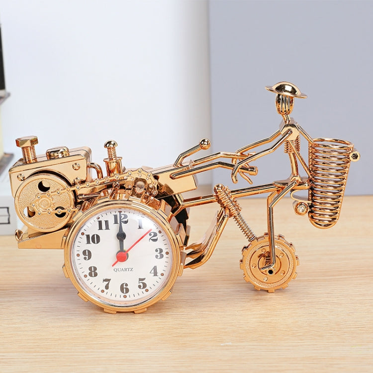 K0931 Retro Clock Ornaments Office Desk Pen Tube Tractor Model Children Toy Alarm(Golden)