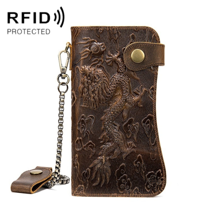 B161 RFID Retro Anti-Degaussing Iron Chain Leather Wallet(Yellow Brown Embossed Dragon)