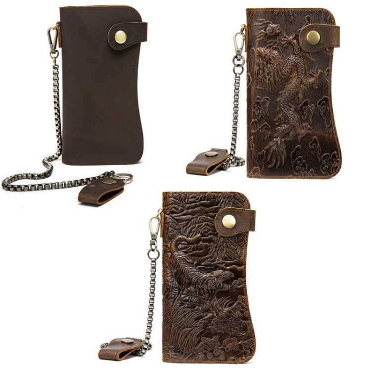 B161 RFID Retro Anti-Degaussing Iron Chain Leather Wallet(Yellow Brown Embossed Dragon)