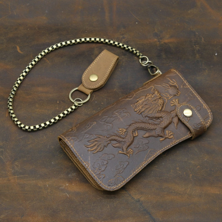 B161 RFID Retro Anti-Degaussing Iron Chain Leather Wallet(Yellow Brown Embossed Dragon)