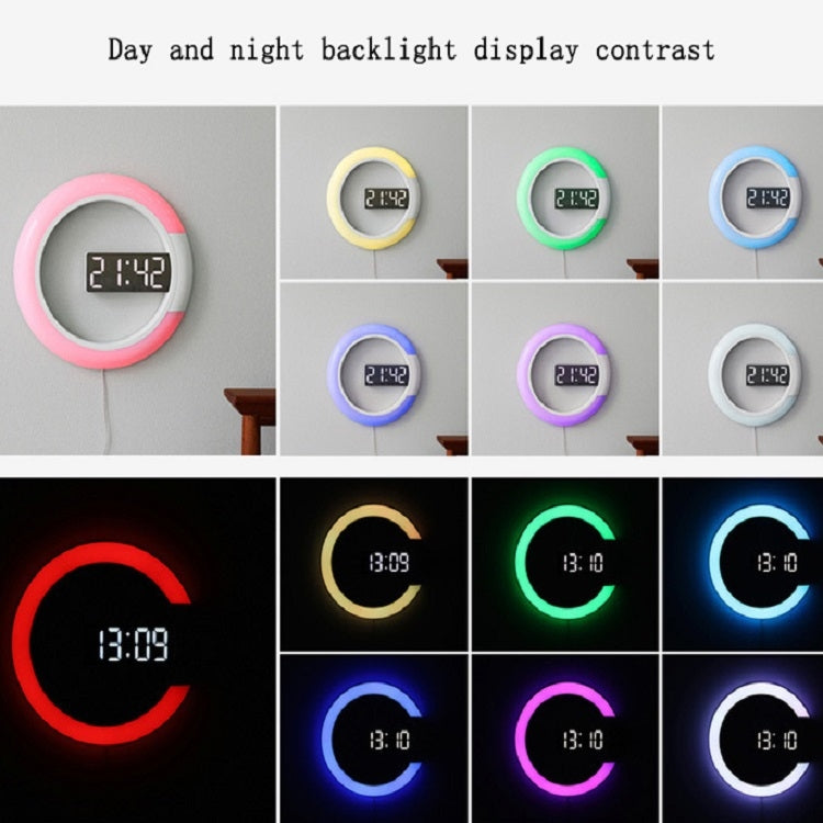 LED Mirror Hollow Wall Clock 7-color Switch Electronic Digital Display Wall Clock(White)