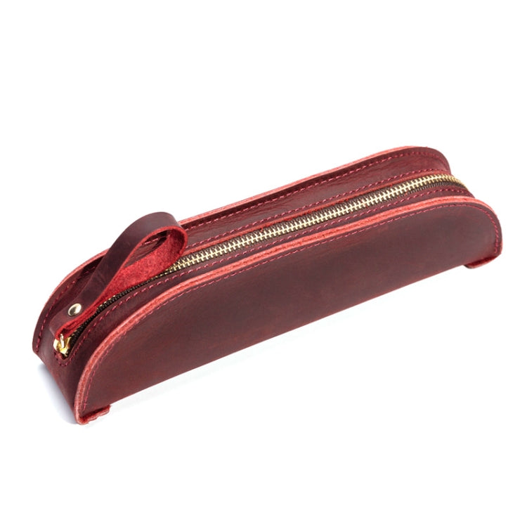 W-T18 Vintage Handmade Genuine Leather Zipper Pencil Case(Wine Red)