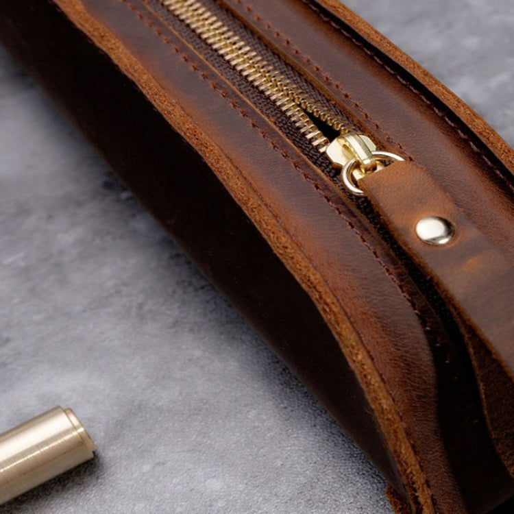 W-T18 Vintage Handmade Genuine Leather Zipper Pencil Case(Coffee)
