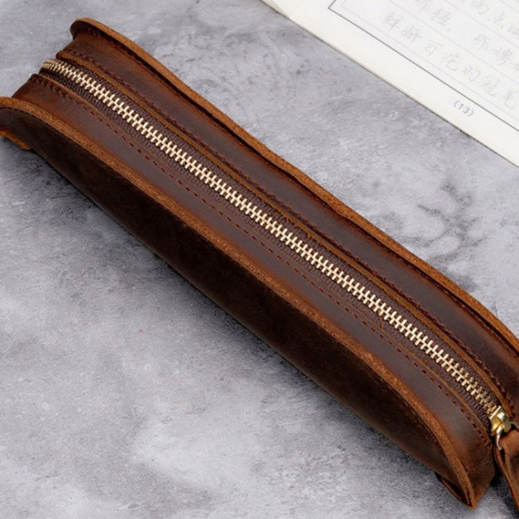 W-T18 Vintage Handmade Genuine Leather Zipper Pencil Case(Coffee)
