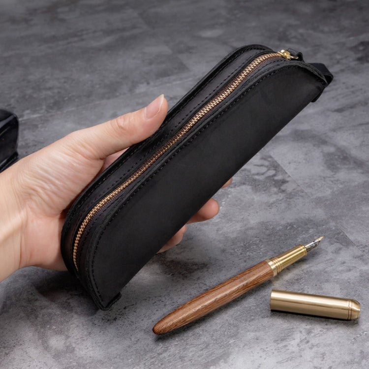 W-T18 Vintage Handmade Genuine Leather Zipper Pencil Case(Coffee)