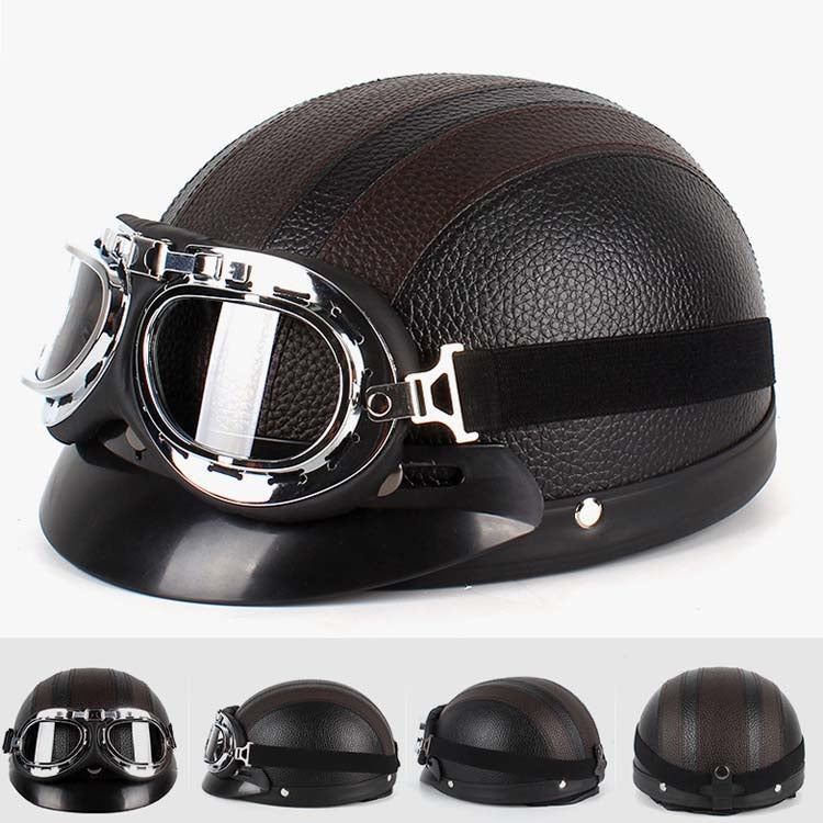 BSDDP A0318 PU Helmet With Goggles, Size: One Size(Black Brown)