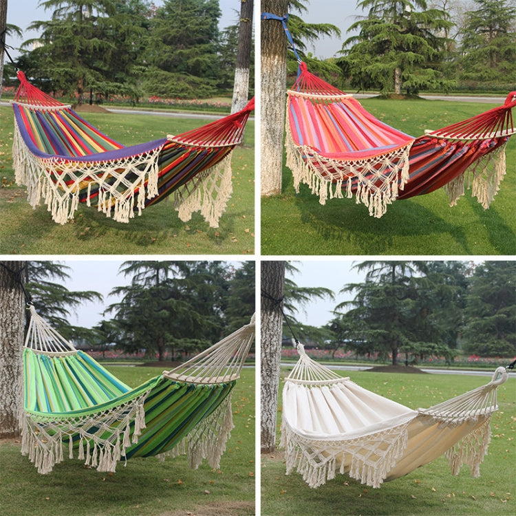 200x150cm Double Outdoor Camping Tassel Canvas Hammock with Stick(Pink Stripes)