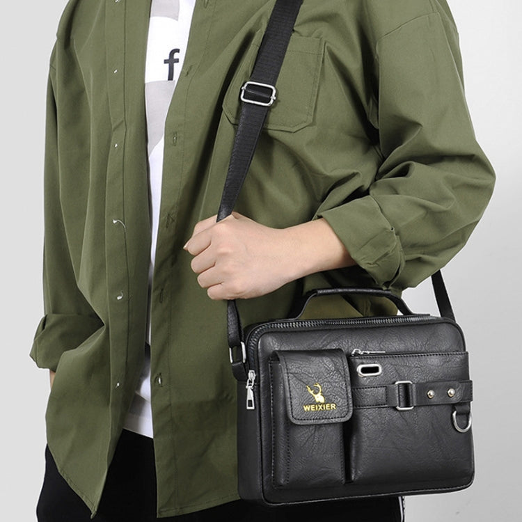 WEIXIER D235 Men Shoulder Bag Portable PU Leather Handbag(Plain Texture Black)