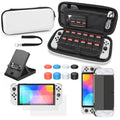 Game Console Crystal Shell Remote Sensing Cap Tempered Film Storage Bag Set For Switch OLED Console White Storage Bag 14 In 1(Hand Rope)