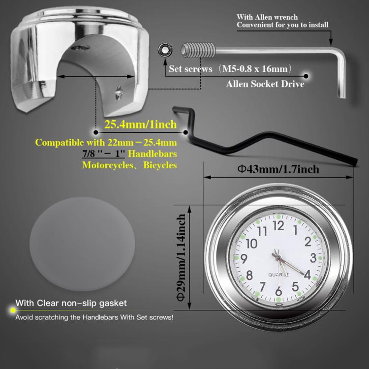 Aluminum Alloy Plating Motorcycle Handlebar Clock(Silver Shell White Background)