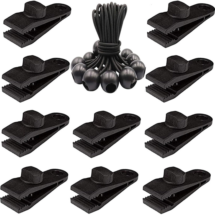 Outdoor Camping Windproof Canopy Fixed Tent Clip Rope Buckle Set 10 Clips+10 Black Ropes