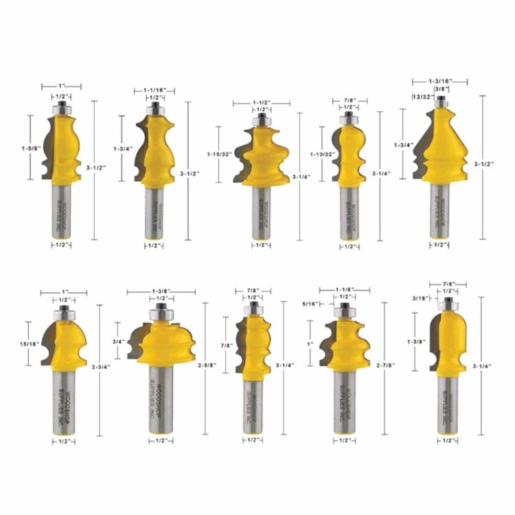 10 PCS / Set 1/2 Handle Woodworking Engraving Machine Trimmer Cutting Tool With Wooden Box