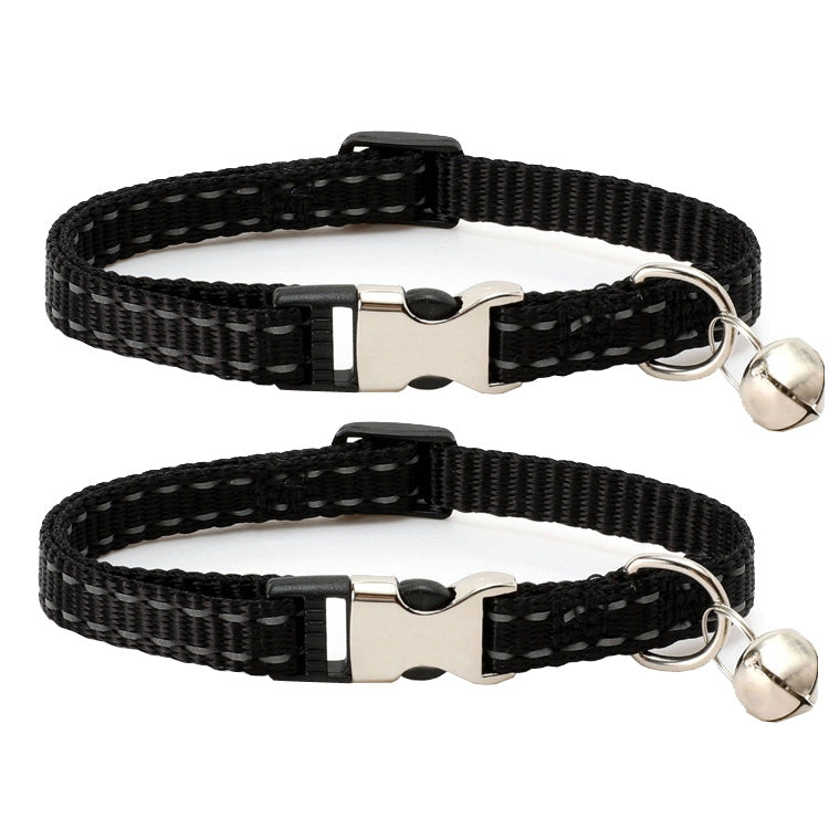 2 PCS Night Reflective Nylon Cat Collar With Bell, Size: XS 1.0x19-30cm(No Carving Black)